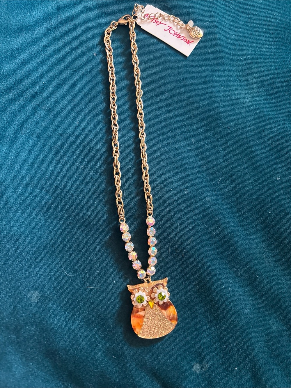 Betsey Johnson Gold Tone Necklace with Orange Crystal Owl Pendant